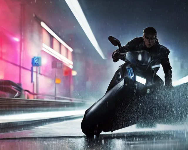 Prompt: beautiful Product shot film still of a blade runner futuristic modern electric tron style motorcycle speeding down a wet street at night in cyperpunk city, motion, hard surface modeling, blade runner, octane, Ian Callum, Giorgetto Giugiaro, Leonardo Fioravanti , low polygon, chrome, trending on artstation, art by Karol Bak, Karol bak pastiche by Peter Mohrbacher, unreal, redshift, 3d model, 8k