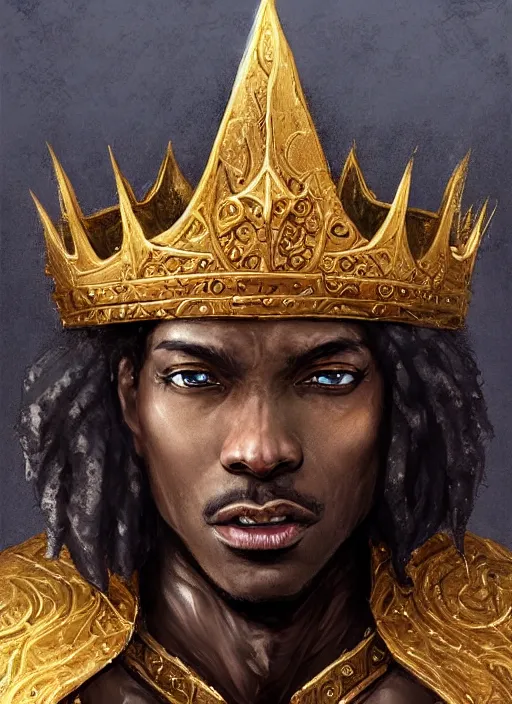 Image similar to black human king wearing a crown, gold, ultra detailed fantasy, dndbeyond, bright, colourful, realistic, dnd character portrait, full body, pathfinder, pinterest, art by ralph horsley, dnd, rpg, lotr game design fanart by concept art, behance hd, artstation, deviantart, hdr render in unreal engine 5