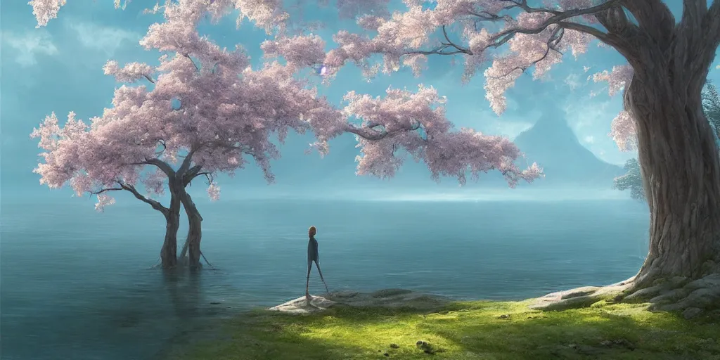 Image similar to vanishing point a single sakura tree upon a lake, viewed from afar, stephen bliss, mist, unreal engine, fantasy art by greg rutkowski, loish, rhads, ferdinand knab, makoto shinkai and lois van baarle, ilya kuvshinov, rossdraws, tom bagshaw, global illumination, radiant light, minimalist, detailed and intricate environment