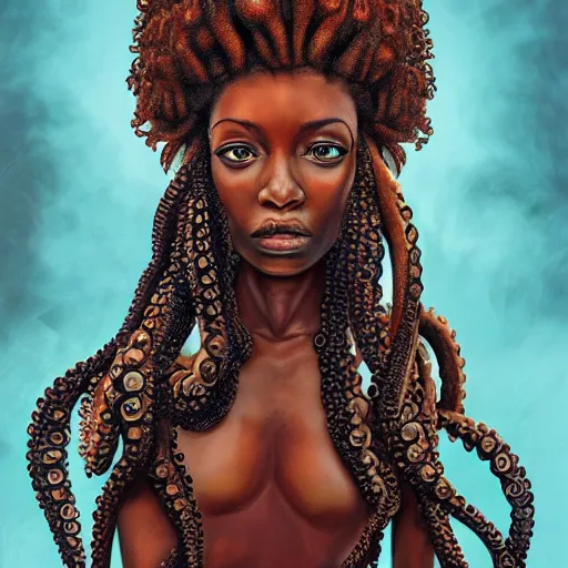 Image similar to rastafari woman with octopus arms as hair, intricate, elegant, highly detailed, digital painting, realistic shading, cinematic composition, hdr, photorealistic, 8 0 mm, concept art, artstation, matte, sharp focus, illustration, art by keith thompson and christopher lane