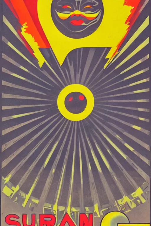 Image similar to poster of the sun, 1 9 5 0 s style, futuristic design, dark, symmetrical, washed out color, centered, art deco, 1 9 5 0's futuristic, glowing highlights, intense