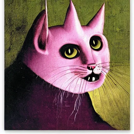 Prompt: portrait of the cat of cheshire bosch with pink and purple striped fur and a huge malicious smile by hieronymus bosch. oil on wood