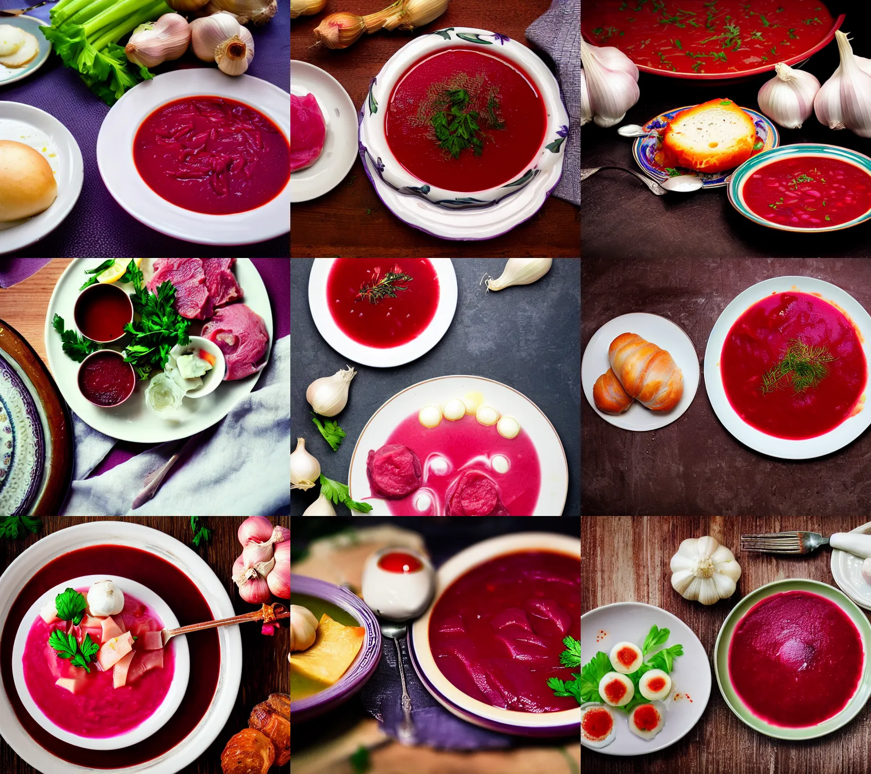 Prompt: plate of borscht, pampushka and salo, hyper realistic, extremely detailed, food photo, garlic on background, epic lightning, yamy yamy