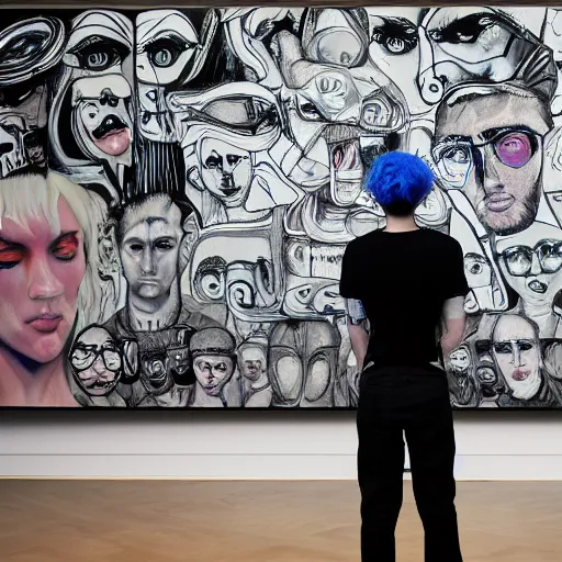 Prompt: art curator looking bored at paintings on a screen in a chat interface, in the style of grand chamaco and stanley kubrick, inspired by die antwoord, photorealistic, epic, super technical, cinematic still