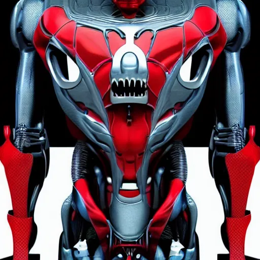 Prompt: evil robot terminator ultron joker smile, spiderman pose, dark