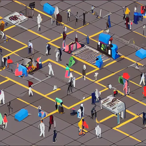 Prompt: a search and find illustration of a zombie horde at a train station with survivors hidden behind objects, isometric view, photorealistic