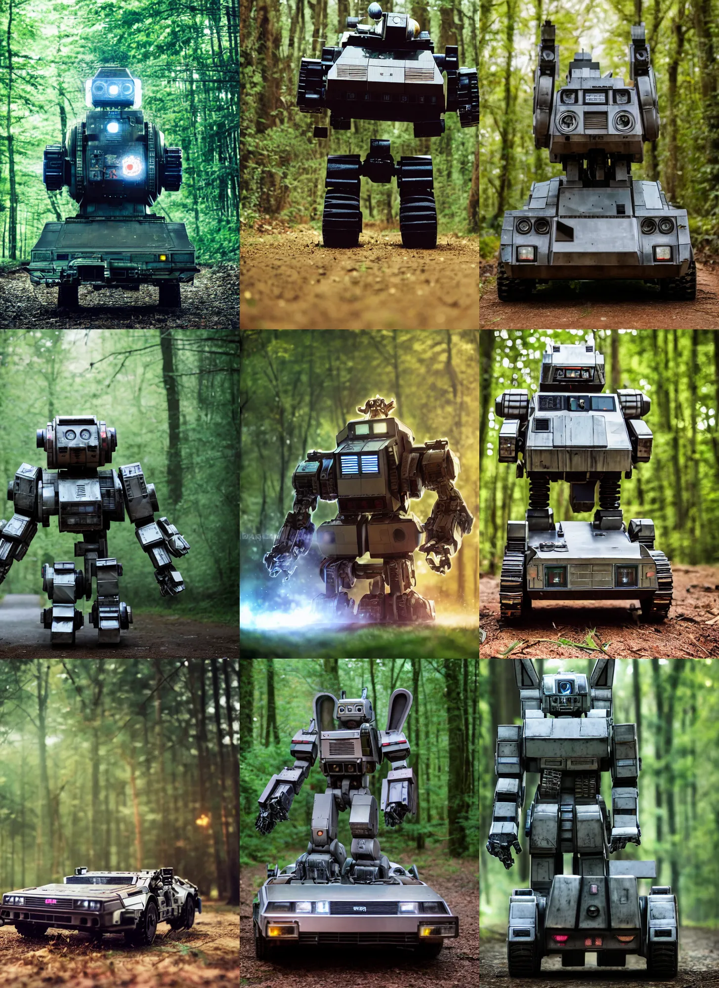 Prompt: a 3 5 mm photo from the front of a giant mecha armored war delorean gundamrobot as chubby cute rabbit walking in the woods, splash art, movie still, bokeh, canon 5 0 mm, cinematic lighting, dramatic, film, photography, depth of field, award - winning, backlighting, overcast, 8 k, hyper detailed, 3 5 mm film grain