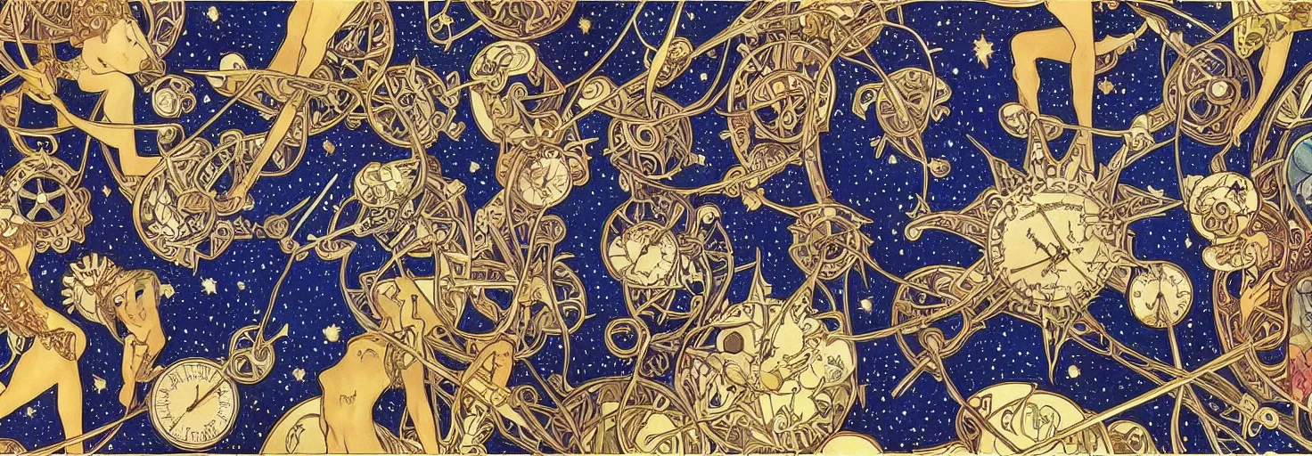 Prompt: party night at midnight, awardwinning spread by sana takeda and alphonse mucha, golden astronomical star constellations and watch gears, moon and candle, blueskinned maiden and fool and crone, ultramarine starry night, peyote fire, intricate stained glass