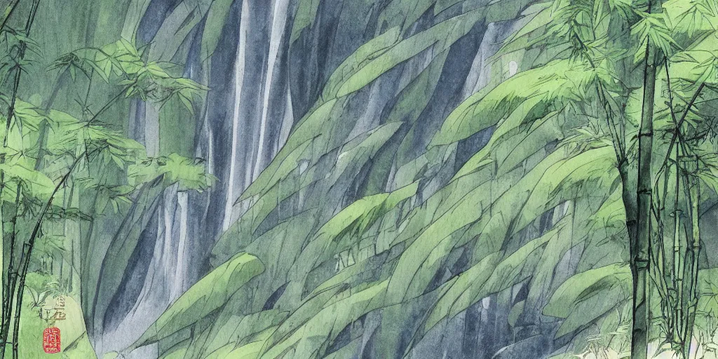 Image similar to misty japanese bamboo forest, japanese watercolour style, huge waterfall!!!!!, large rocky mountain, rule of thirds, sunny, cartoony, drawing, stylized anime, soft, by hayao miyazaki, ghibli studio, makoto shinkai, toei animation, studio trigger, trending on artstation, 4 k, hd