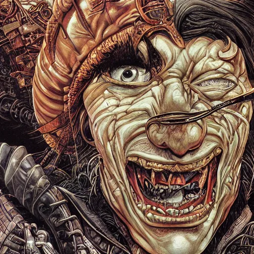 Image similar to portrait closeup of crazy captain hook, galleons, symmetrical, hyper detailed, by yoichi hatakenaka, masamune shirow, josan gonzales and dan mumford, ayami kojima, takato yamamoto, barclay shaw, karol bak, yukito kishiro