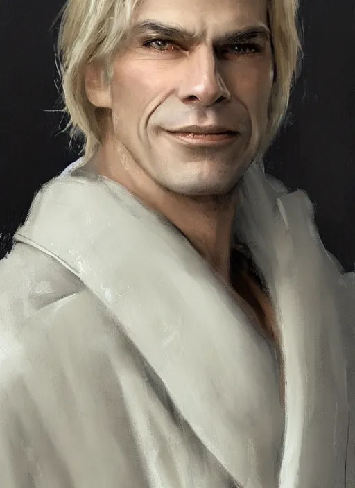 Image similar to a clean shaven man aged 4 0 with tousled blonde hair and hazel eyes and a friendly smile. he is handsome and wearing a grey cloak. head and shoulders portrait painting by greg rutkowski and raymond swanland.