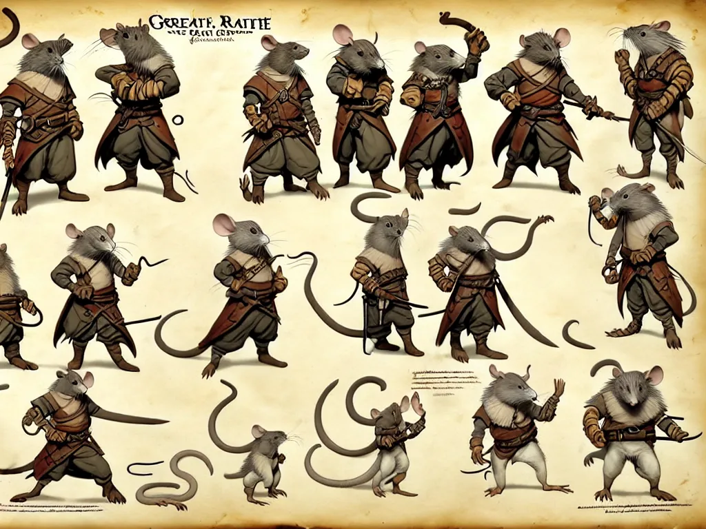 Image similar to character design sheet for a group of heroic rat pirates on a parchment background, redwall, greg rutowski and jean baptiste monge, very very detailed, epic fantasy concept art