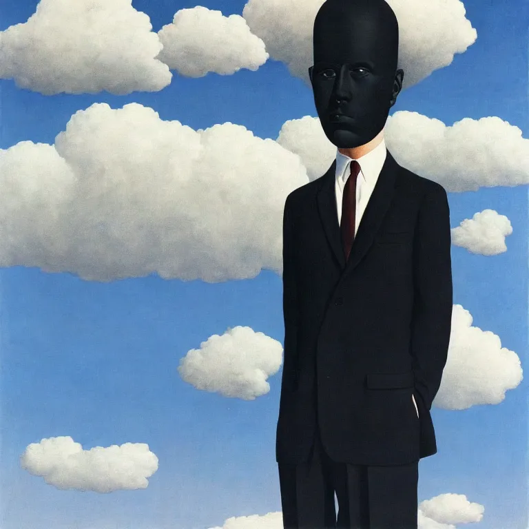 Image similar to portrait of a faceless chrome - head man in a suit, clouds in the background, by rene magritte, detailed painting, distance, centered, hd, hq, high resolution, high detail, 4 k, 8 k