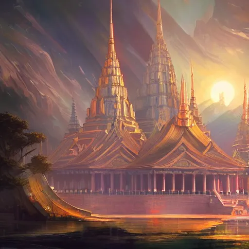 Image similar to grand palace temple for leader of galactic empire by peter mohrbacher, vivid colors, matte painting, 8K, concept art, mystical color scheme, trending on artstation