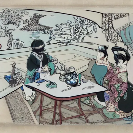 Image similar to Japanese beauty wrapped in a snake having tea with her husband by Toshio Saeki, high detailed