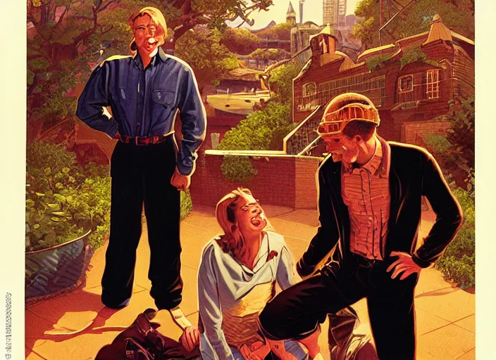 Prompt: A couple is crouched on the ground, they are scared, illustration by Greg Hildebrandt, retrofuturism, reimagined by industrial light and magic