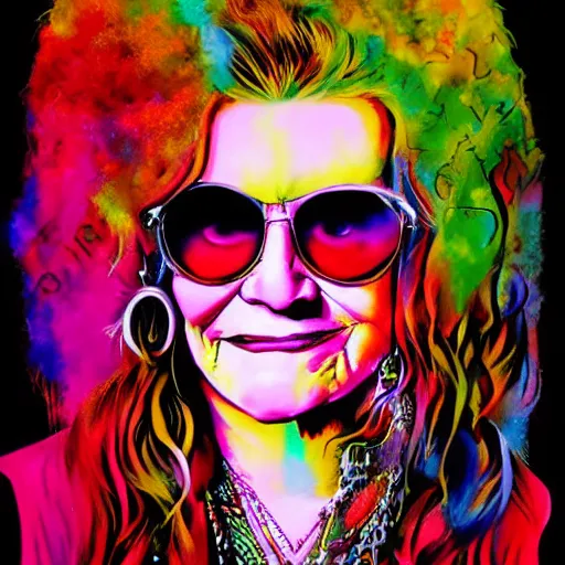 Image similar to portrait of janice joplin in psychedelic colors, painted by pablo amaringo