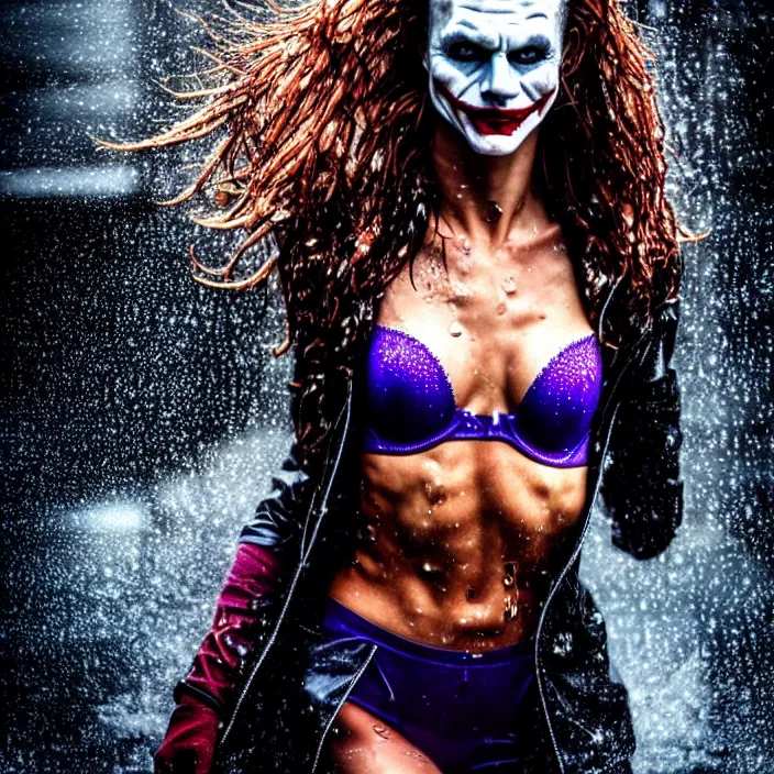 Image similar to fully body pose, photo of a very beautiful!! victoria secret model, the joker, wet hair, raining, 8 k, hdr, smooth, sharp focus, high resolution, award - winning photo, trending on artstation, dslr, 5 0 mm