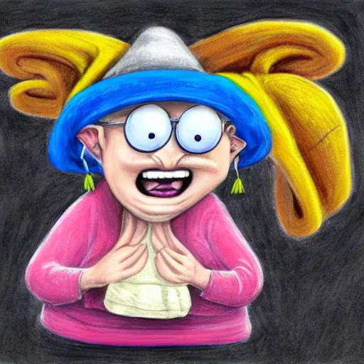 Prompt: Chalk Pastel, crazy cooky old woman, wearing a funny hat, yelling expression, trending on artstation, behance, dribbble