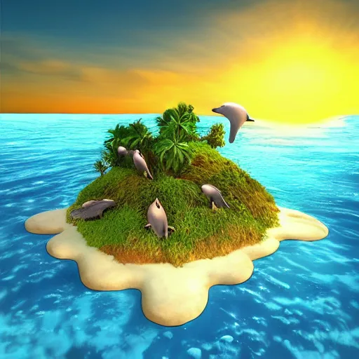 Image similar to “poop island with flies, Bahamas, Beautiful sunset, dynamic lighting, blue water, white sand, dolphin made of poop jumping out of water, trending on artstation, detailed, masterpiece”