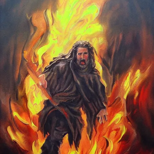 Image similar to Mel Gibson emerging from the depths of hell, dramatic painting, trending on arstation