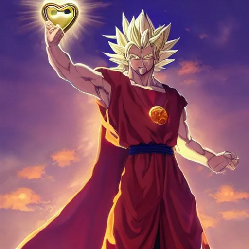 Prompt: Jesus christ transforming in super Saiyan holding the a shiny Sacred Heart , by Stanley Artgerm Lau, WLOP, Rossdraws, James Jean, Andrei Riabovitchev, Marc Simonetti, Yoshitaka Amano, ArtStation, CGSociety,