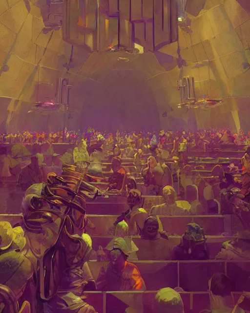 Image similar to craig mullins and moebius digital matte art of a crowd in a futuristic church, priest, pews, ethereal, inviting, bright, unreal engine, hyper realism, realistic shading, cinematic composition, realistic render, octane render, detailed textures, photorealistic, wide shot