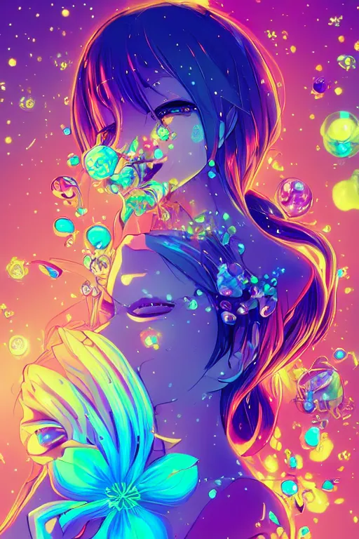 Image similar to psychedelic, whimsical, anime, 4k, beautiful intimate woman blowing smoke, with professional makeup, long trippy hair, a crystal and flower dress, sitting in a reflective pool, surrounded by gems, underneath the stars, rainbow fireflies, trending on patreon, deviantart, twitter, artstation, volumetric lighting, heavy contrast, art style of Ross Tran and Ilya Kuvshinov