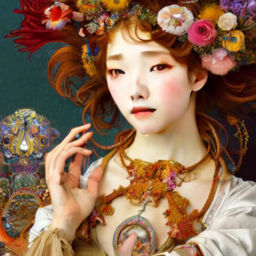 Image similar to a masterpiece ultrarealistic ultradetailed portrait of beautiful love fishmonger jewelry genius girl on fruits street market baroque renaissance. medium shot, intricate, elegant, by stanley artgerm lau, wlop, alphonse mucha, rossdraws, andrei riabovitchev, yoshitaka amano. flower background my james jeand and takashi murakami.