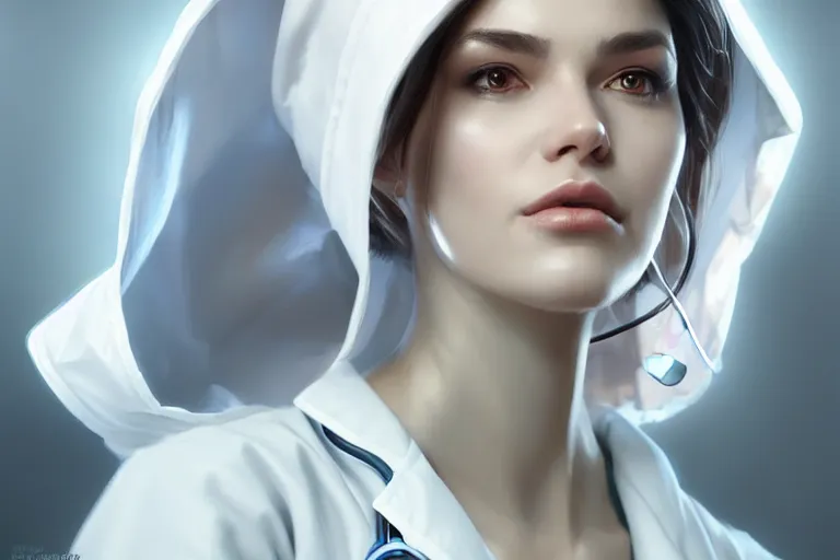 Image similar to an elegant and beautiful female doctor in a white coat in a ward, cinematic, highly detailed, digital painting, artstation, concept art, matte, sharp focus, illustration, art by artgerm and greg rutkowski