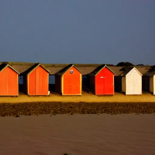 Image similar to a photography taken by someone who doesn't know how to use a camera of the super moon over the beach huts and the isle of wight