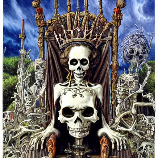 Prompt: beautiful painting of the queen of bones by a cemetary, sitting on a throne, detailed face, with a crown of skulls, skull earings, painting by jean giraud, jeff easley