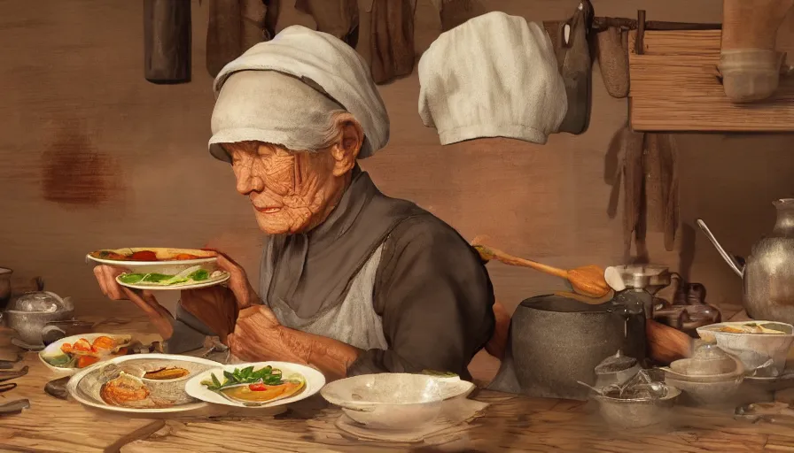 Prompt: old eastern lady cooking in 1 9 0 0's old wooden kitcher, pan and plates, hyperdetailed, artstation, cgsociety, 8 k
