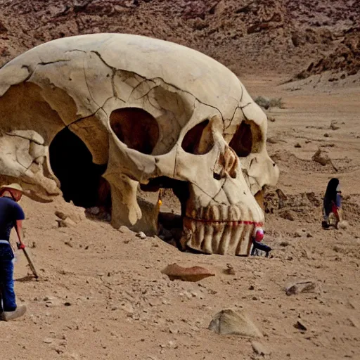 Image similar to Paleontologists finding a gigantic skull in the desert