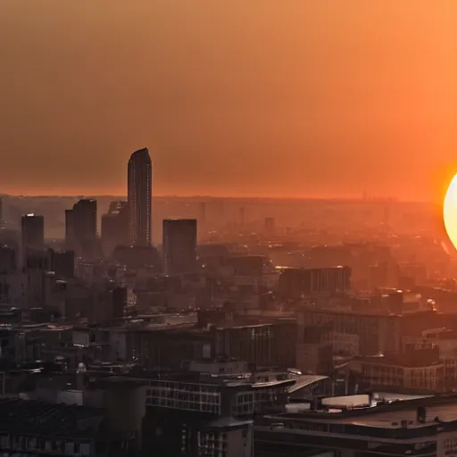 Prompt: distant views of an airship silhouetted against the setting sun over a city skyline