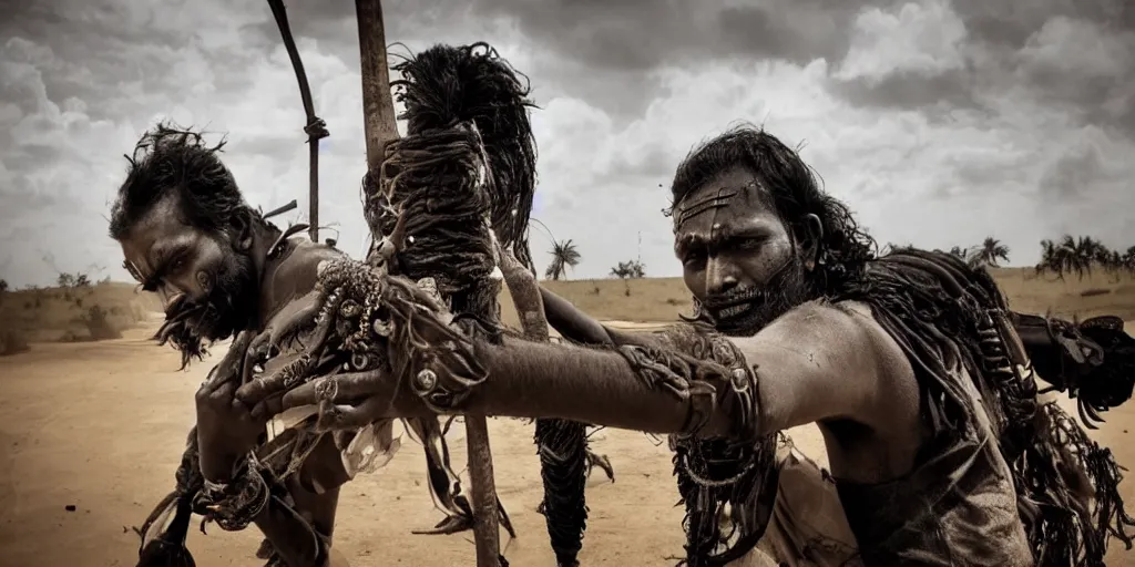 Image similar to sri lankan mad max style, traditional drum player, film still, epic shot cinematography, rule of thirds