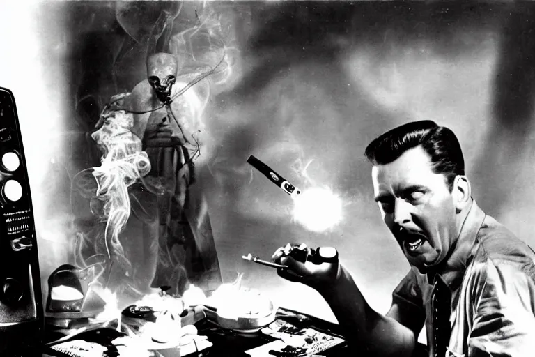 Image similar to a subgenius with smoking pipe is shocked and sees an alien on his television in his living room. sparks and smoke come out of the television. film still from 1 9 5 0 s sci - fi