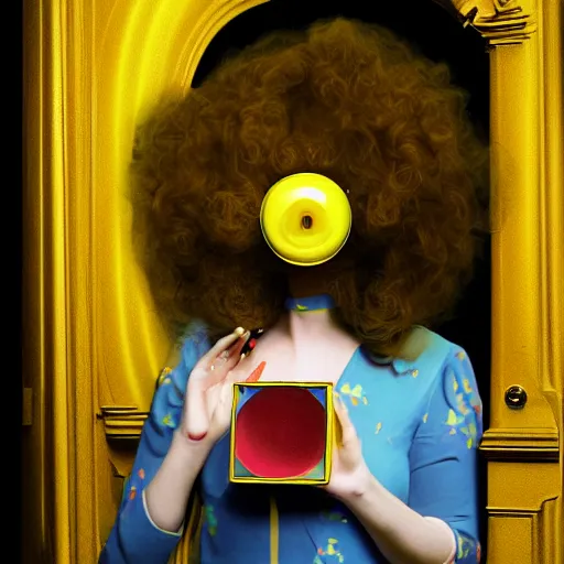 Image similar to A painting. A rip in spacetime. Did this device in her hand open a portal to another dimension or reality?! deep yellow by Rachel Maclean, by Carl Holsoe Sigma 85mm f/1.4