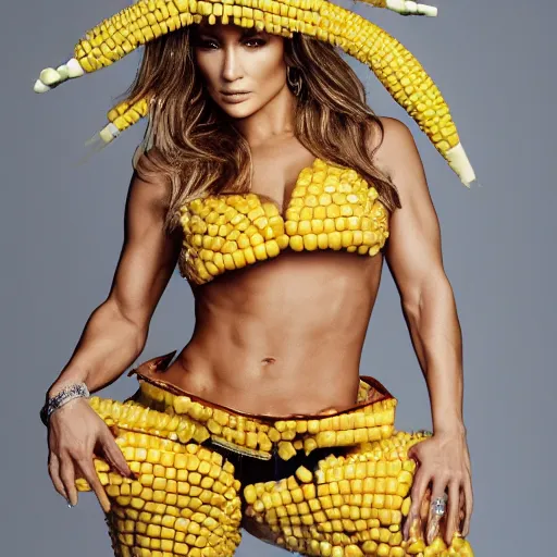 Image similar to full body photo of jennifer lopez, she is wearing a funny kid's hallowen costume of corn on a cob, studio lighting, corn on a cob is everywhere