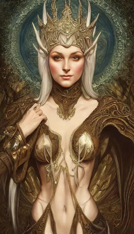 Image similar to a oil painting of a elven queen, cute, fantasy, intricate, elegant, highly detailed, centered, digital painting, artstation, concept art, smooth, sharp focus, illustration, art by artgerm and h r giger and alphonse mucha