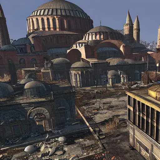 Prompt: the hagia sophia in istanbul in ruins post - nuclear war in fallout 4, in game screenshot