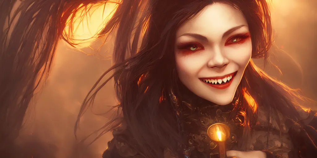 Image similar to a vampire girl smiling mysteriously, golden hour, fantasy, sharp focus, digital art, hyper realistic, 4 k, unreal engine, highly detailed, hd, dramatic lighting by brom, trending on artstation