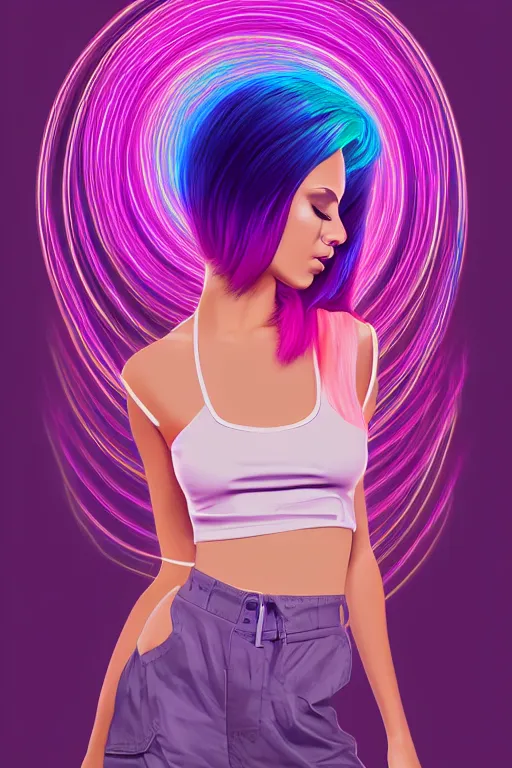 Image similar to a award winning half body portrait of a beautiful woman in a croptop and cargo pants with ombre purple pink teal hairstyle surrounded by whirling illuminated lines, outrun, vaporware, shaded flat illustration, digital art, trending on artstation, highly detailed, fine detail, intricate