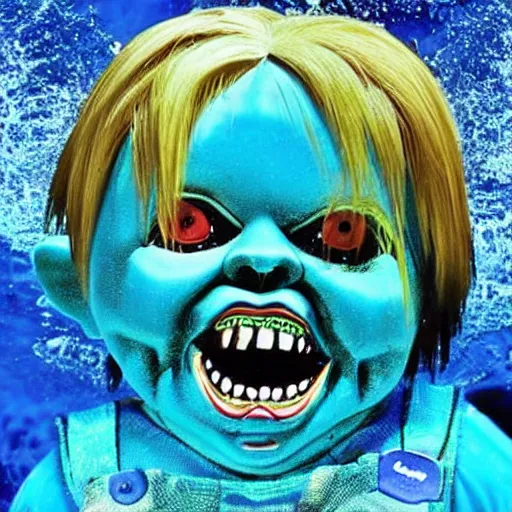 Image similar to screaming chucky doll swimming in deep blue murky water