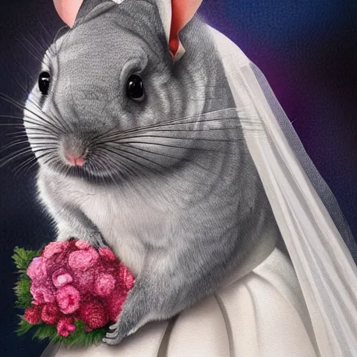 Image similar to a cute chinchilla!!!!!! in a wedding gown, a chinchilla!!! getting married, highly detailed digital painting, 4k