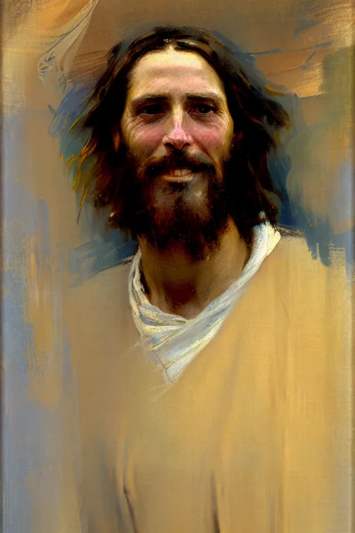 Image similar to impressionist brushstrokes!!!!!!!!! solomon joseph solomon and richard schmid and jeremy lipking victorian loose genre loose painting full length portrait painting of jesus with a slight smile happy inviting