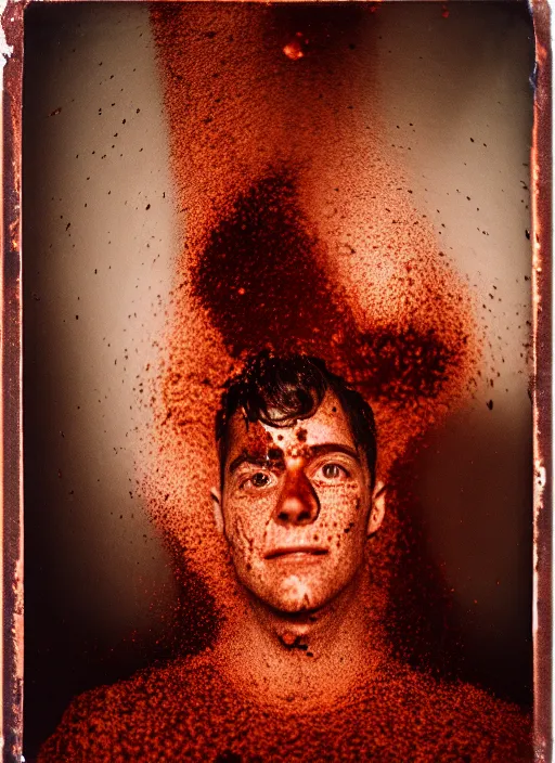 Image similar to kodak portra 4 0 0, wetplate, 8 k, shot of a highly detailed boyfriend explosion accident osmium copper rust flash spark