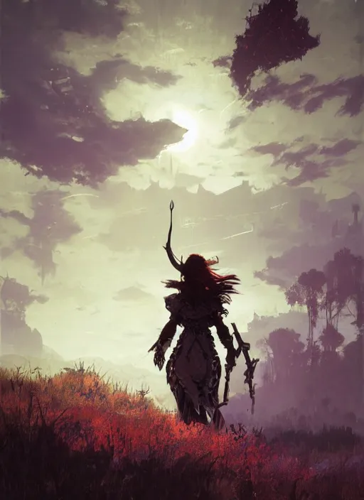 Image similar to !dream Environmental Art, Horizon Zero Dawn silhoutte, archer, atmospheric environment, Character Design, demonic presence, Holy Heavenly Host Divine Angelic Army. Beeple, grimshaw, thomas cole, ismail inceoglu, winslow homer, greg rutkowski, gerald brom, marc simonetti, simon stalenhag, anton fadeev, donglu yu