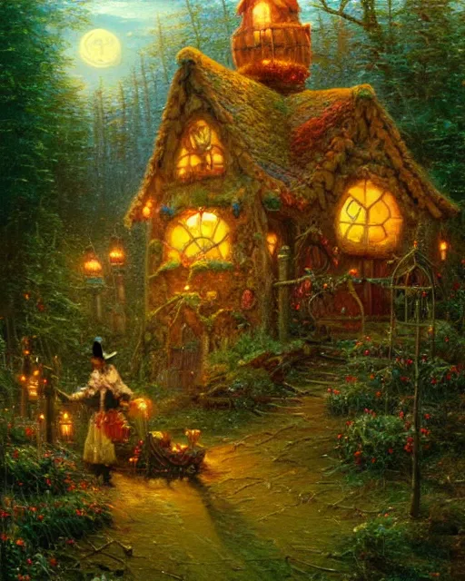 Prompt: an oil painting of a candy - covered gingerbread witch's house in the forest, by thomas kincade, ivan shiskin, and james gurney