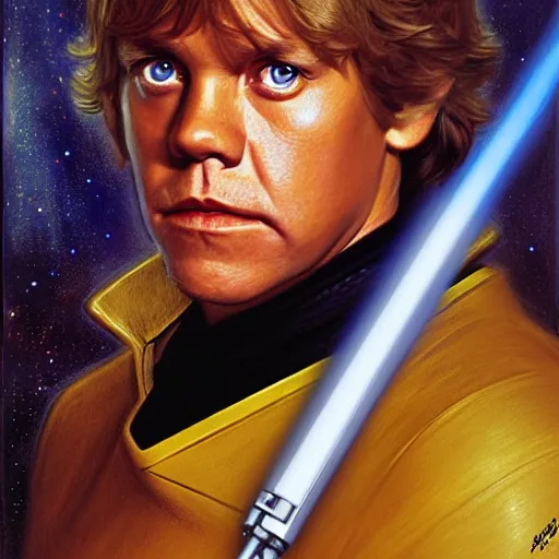 Image similar to a portrait of luke skywalker in a starfleet uniform star trek chief engineer harry potter wand. detailed face highly detailed painting by gaston bussiere craig mullins jc leyendecker gustav klimt artgerm greg rutkowski